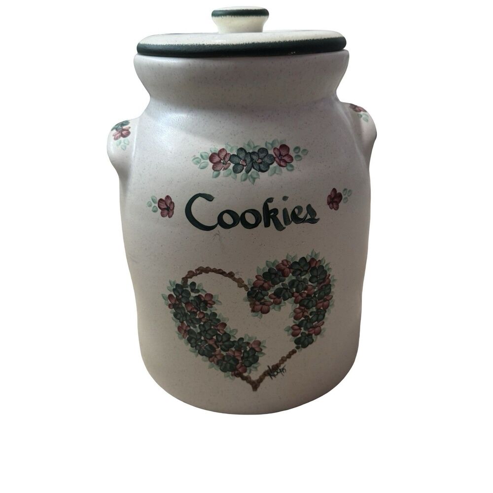 Vintage Crock  Stoneware Pottery Homemade Cookies Cookie Jar Floral Heart Large